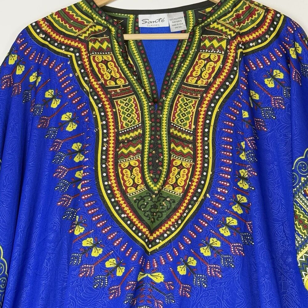 Sante Classics Blue Glitter Ethnic Pattern Beach Cover Shirt Top Womens One Size - Picture 2 of 7